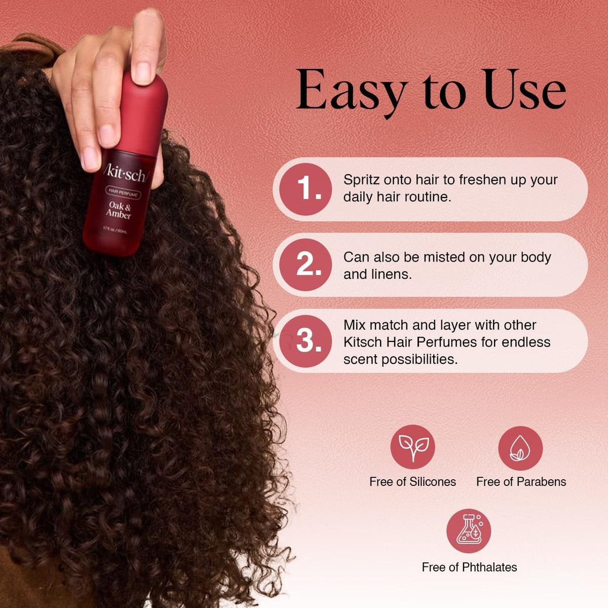 Kitsch mist on hair strands showing soft, non-greasy texture and touchable finish