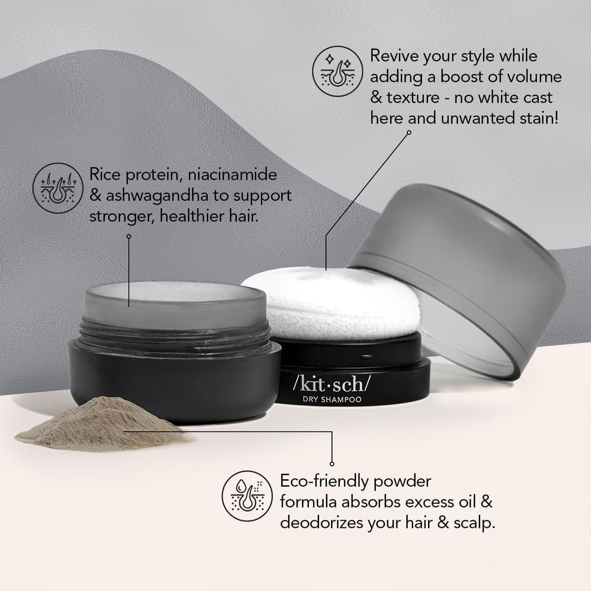 Kitsch open container with puff demonstrating mess-free application