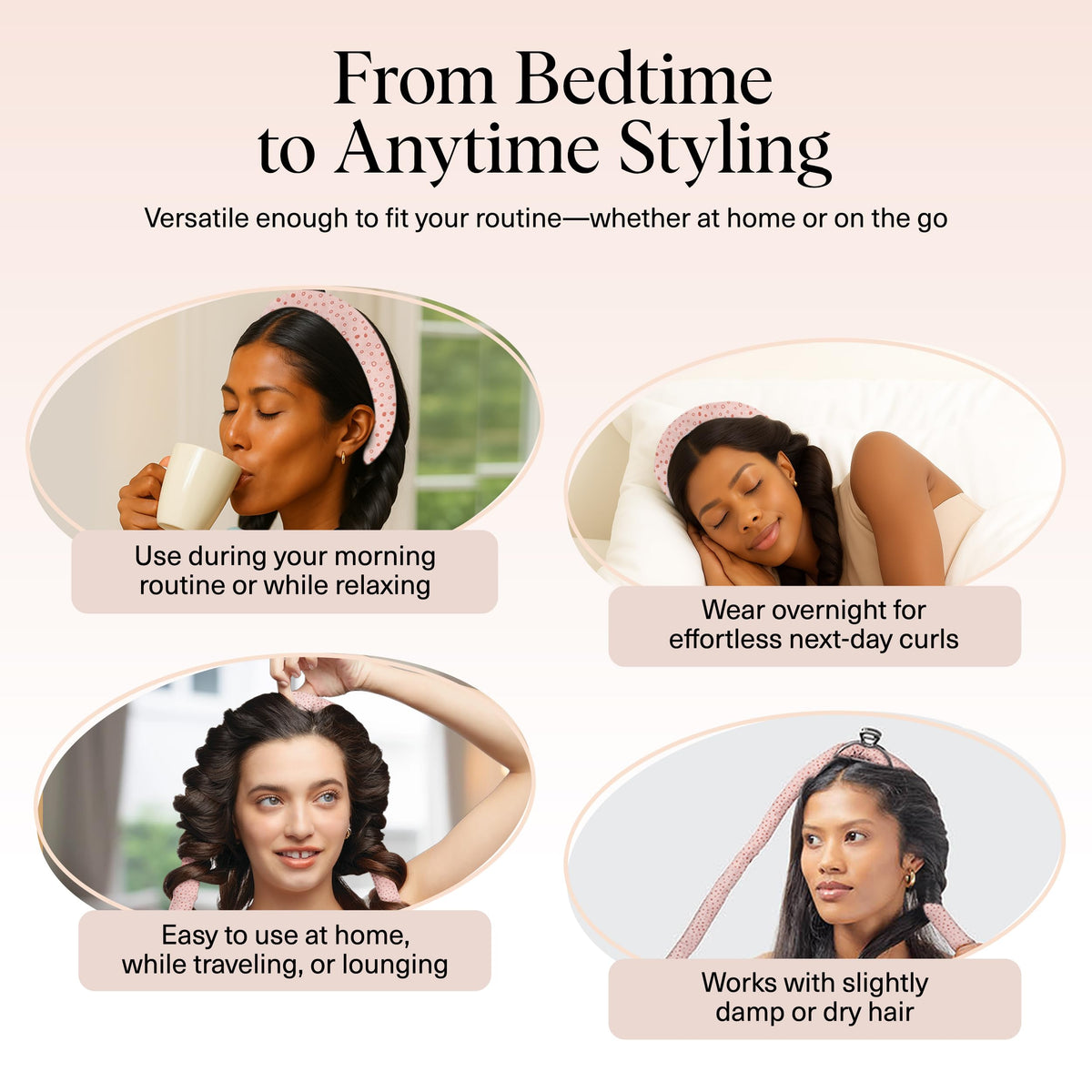 Kitsch sleeping model wearing curler demonstrating overnight comfort and secure fit