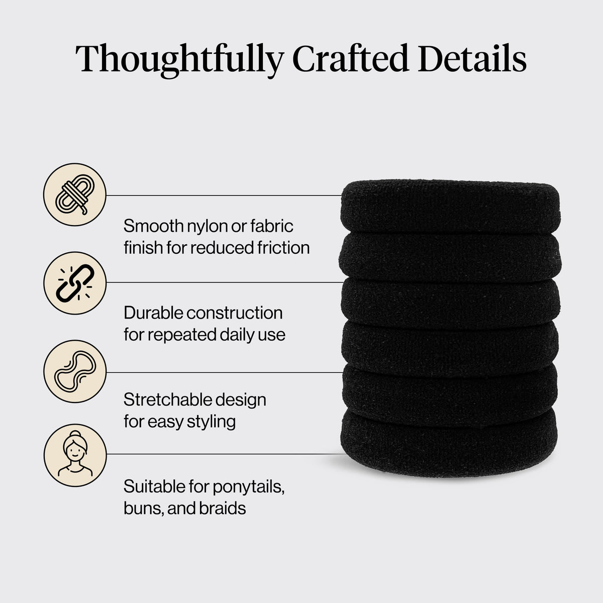 Kitsch used in a ponytail on dark hair, secure all-day wear benefit