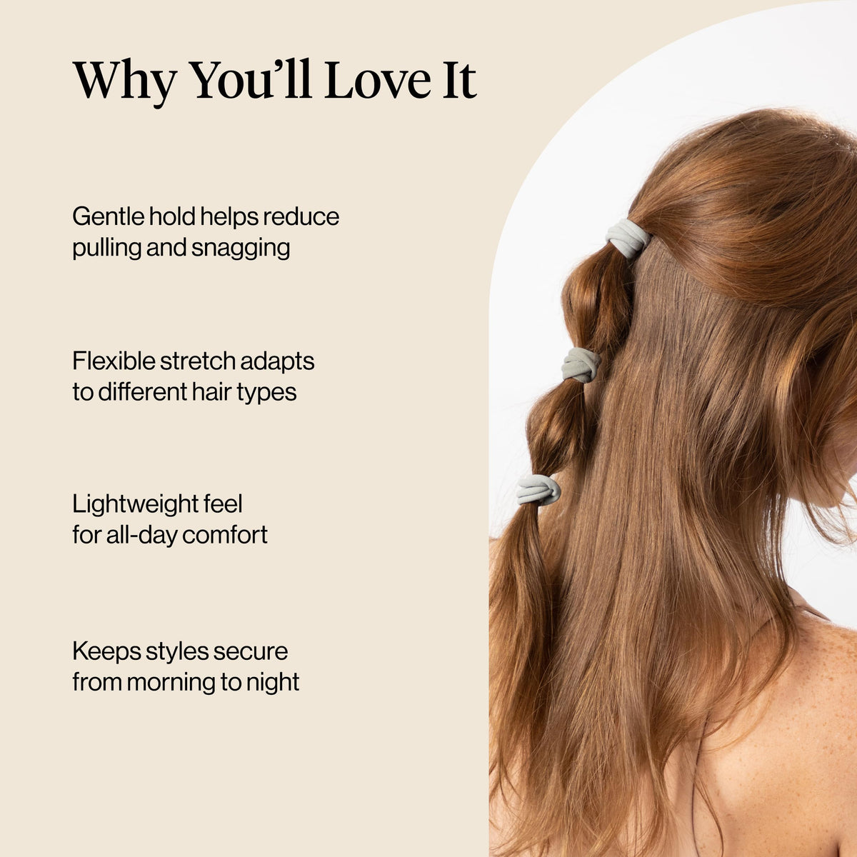 Kitsch hair tie securing a ponytail demonstrating reliable all-day hold