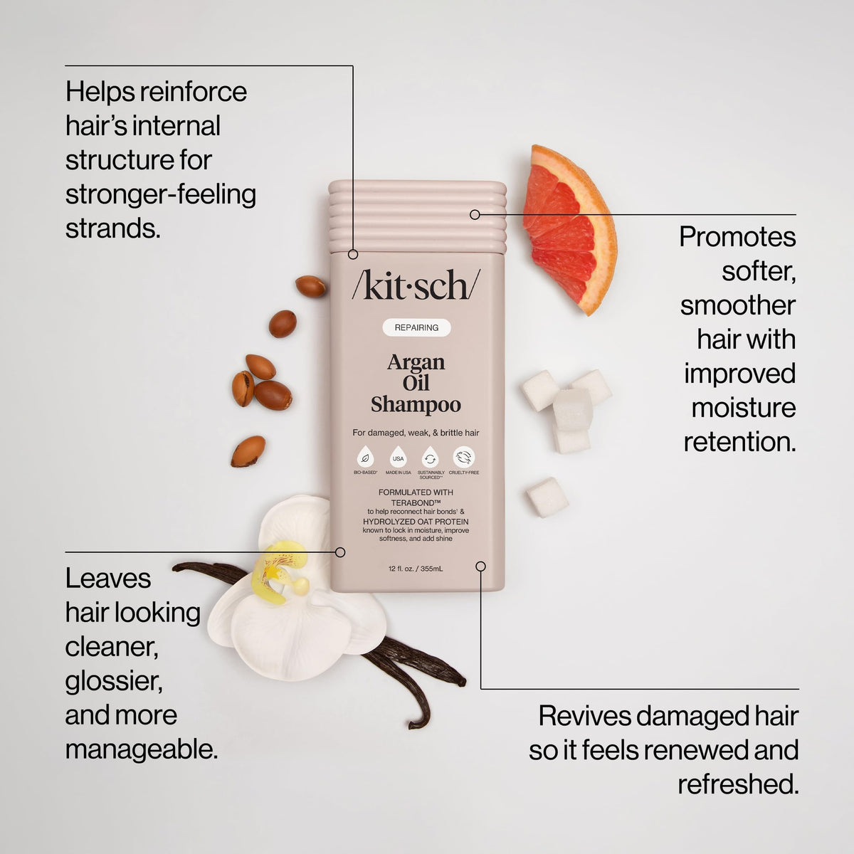 Kitsch pump and label close-up highlights ingredients and easy dispensing