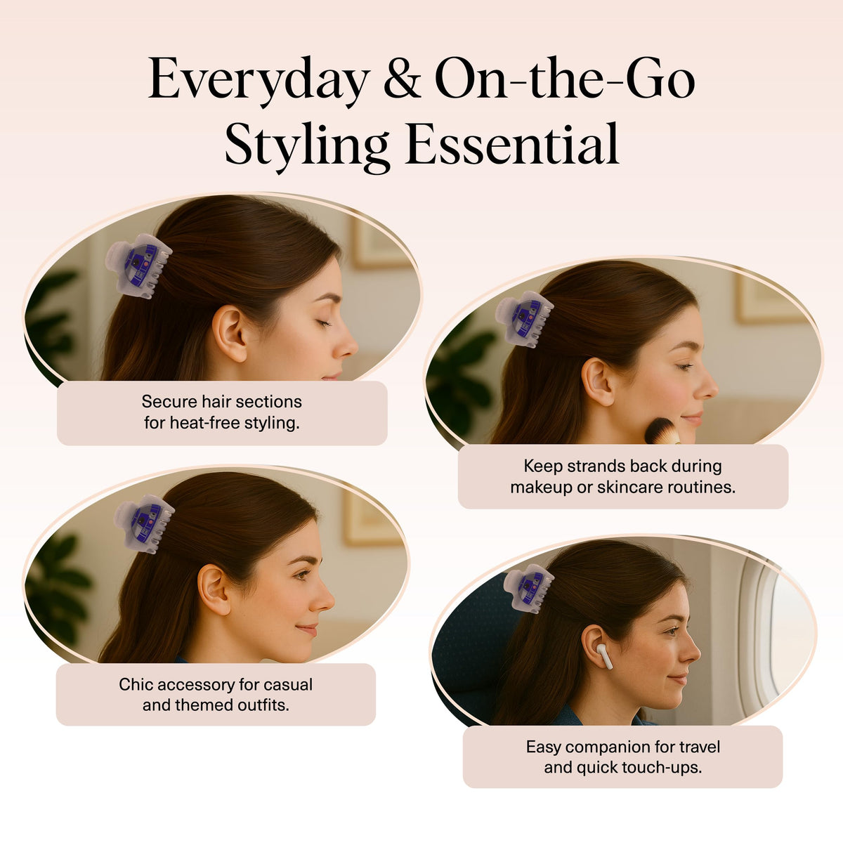 Kitsch R2‑D2 glitter clip styled with beach outfit for travel convenience