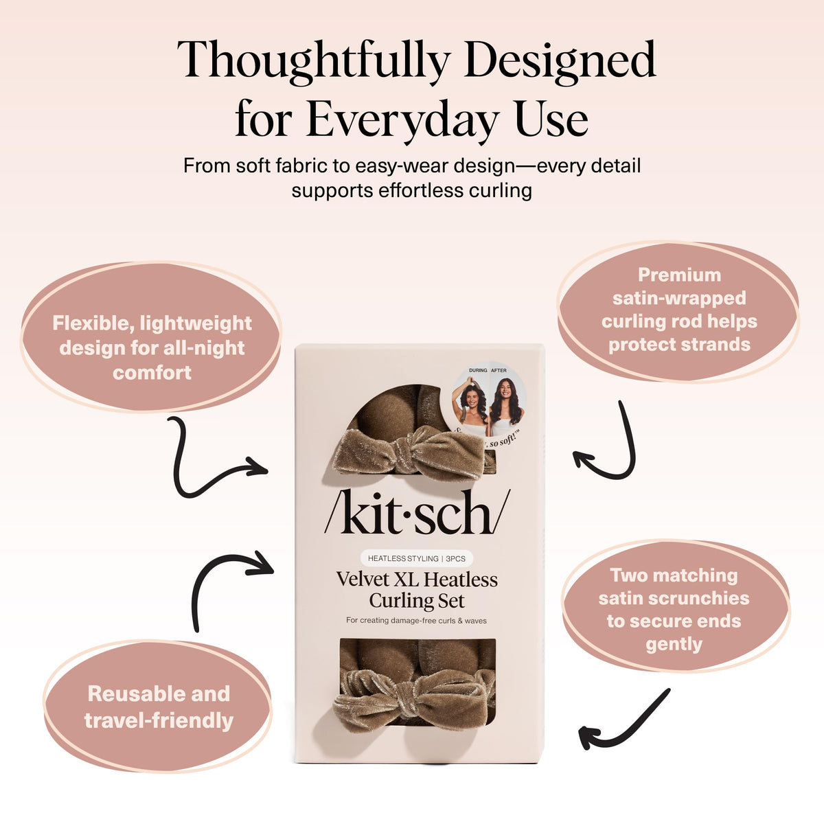 Kitsch rod wrapped in long hair demonstrating easy heatless curling while you sleep