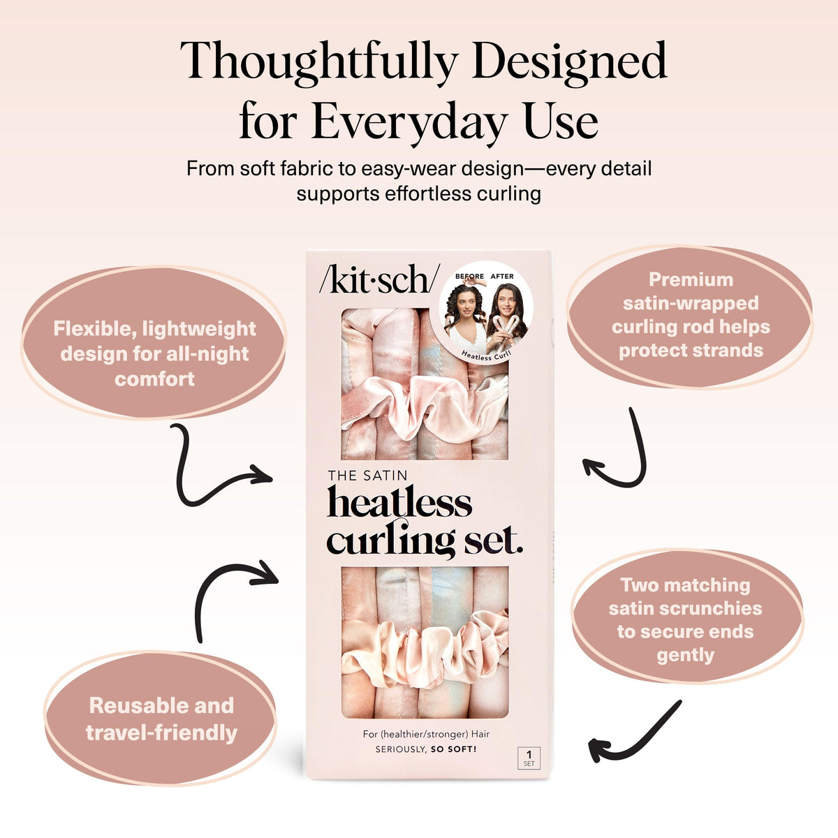 Kitsch rolled hair on rod detail from ends to roots, creates defined heatless curls