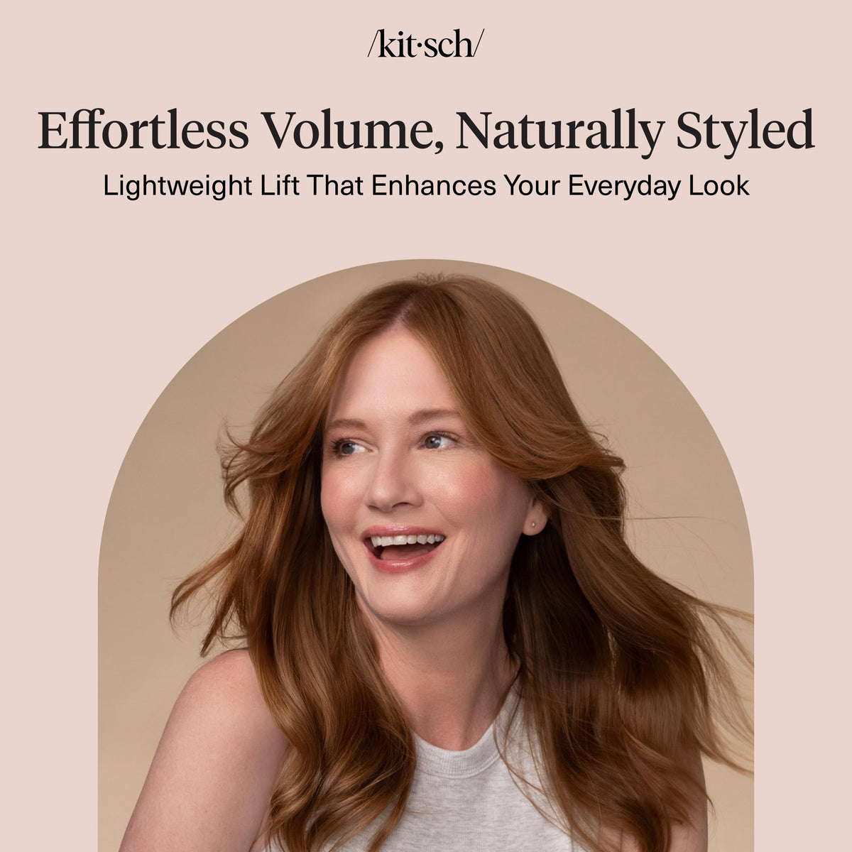 Kitsch model after styling showing soft, touchable volume benefit