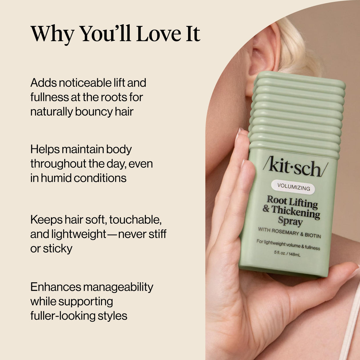 Kitsch spray used with round brush for volumized blowout benefit