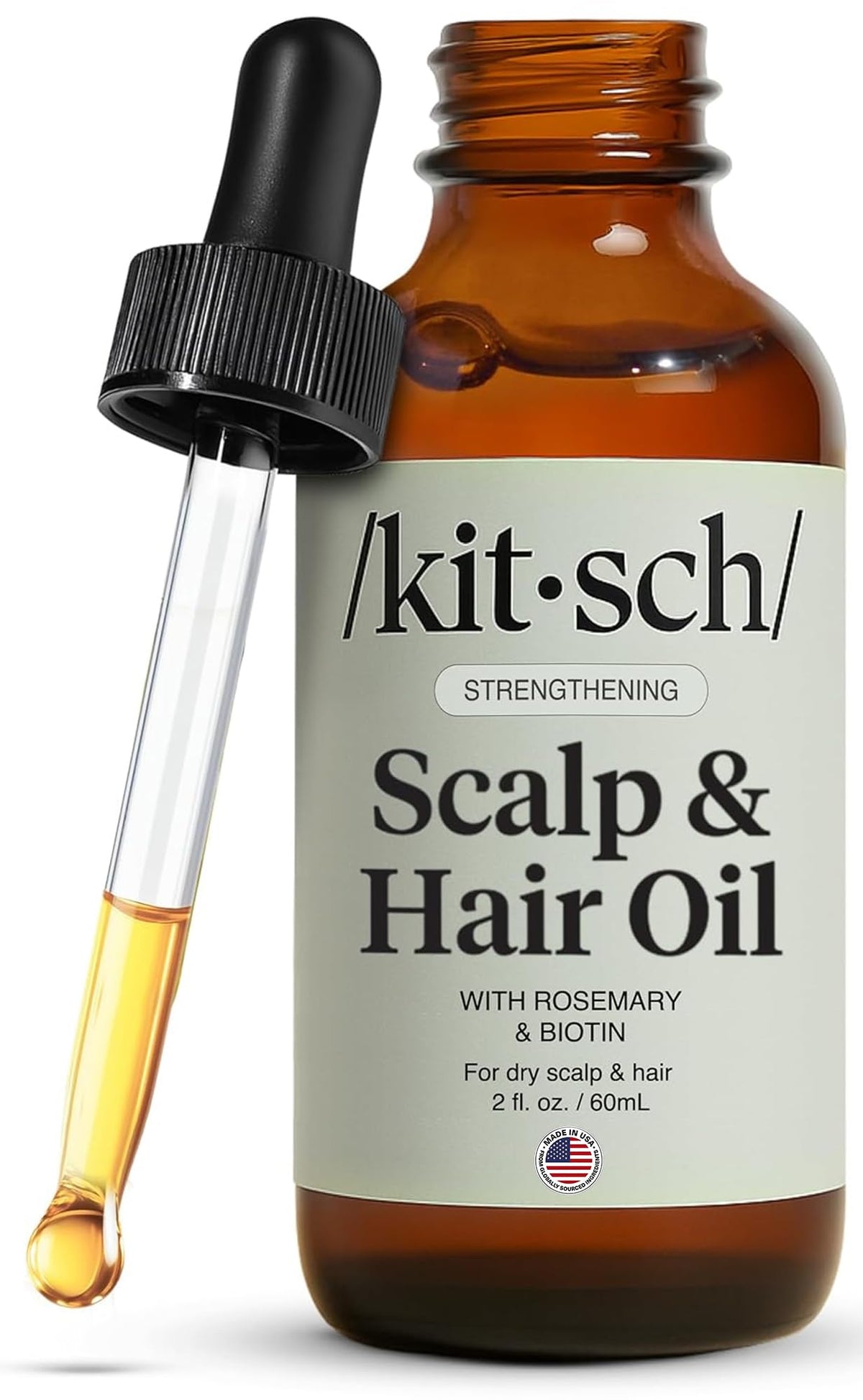 Kitsch bottle front view showing rosemary oil packaging and benefits