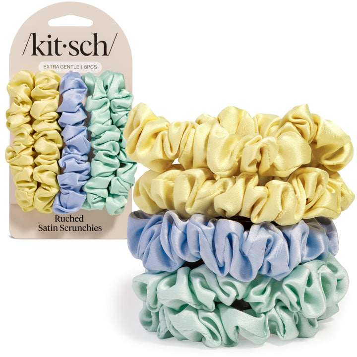 Kitsch front view of five rosette scrunchies showing colors and shape for stylish hold