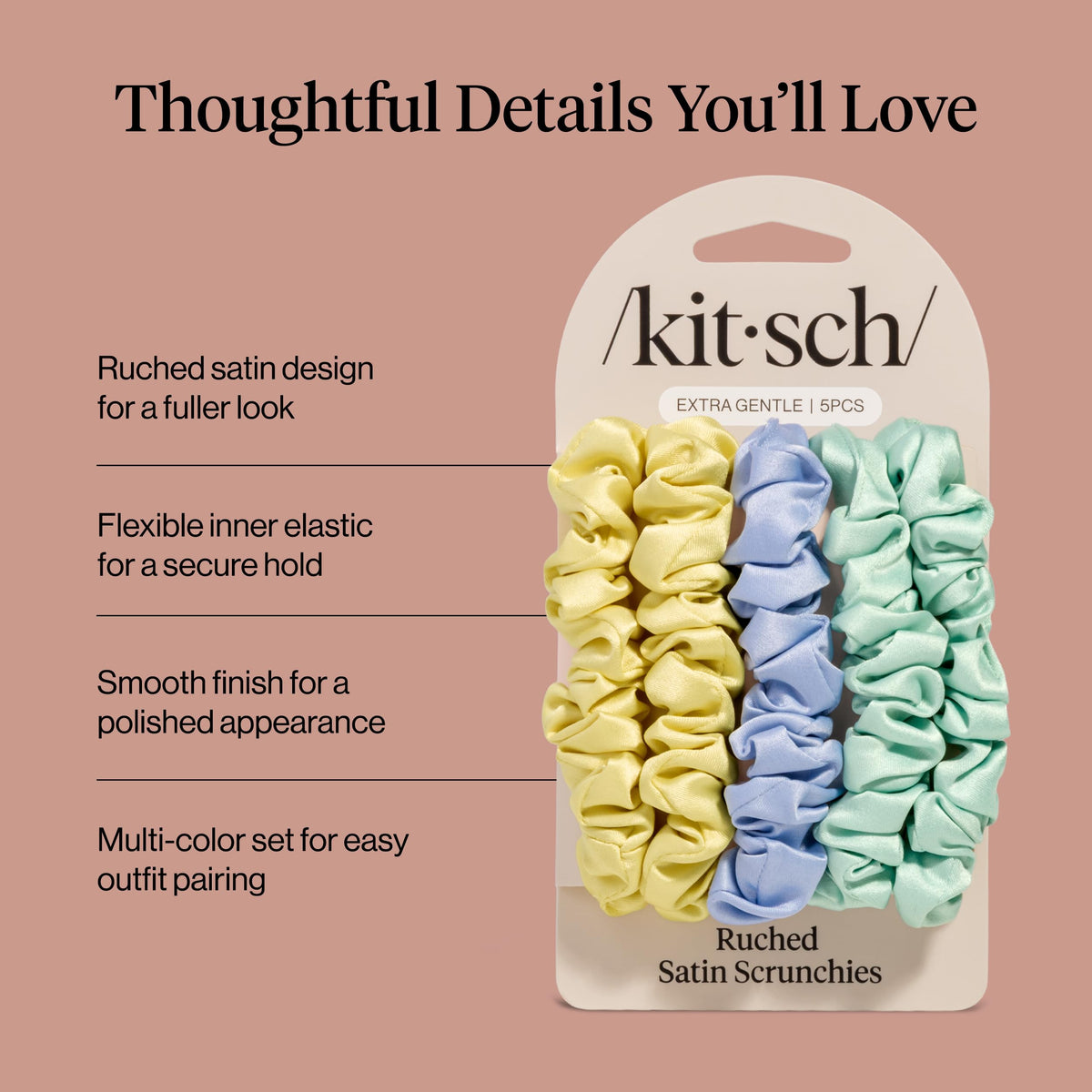 Kitsch scrunchie securing a ponytail smoothly with minimized creasing benefit