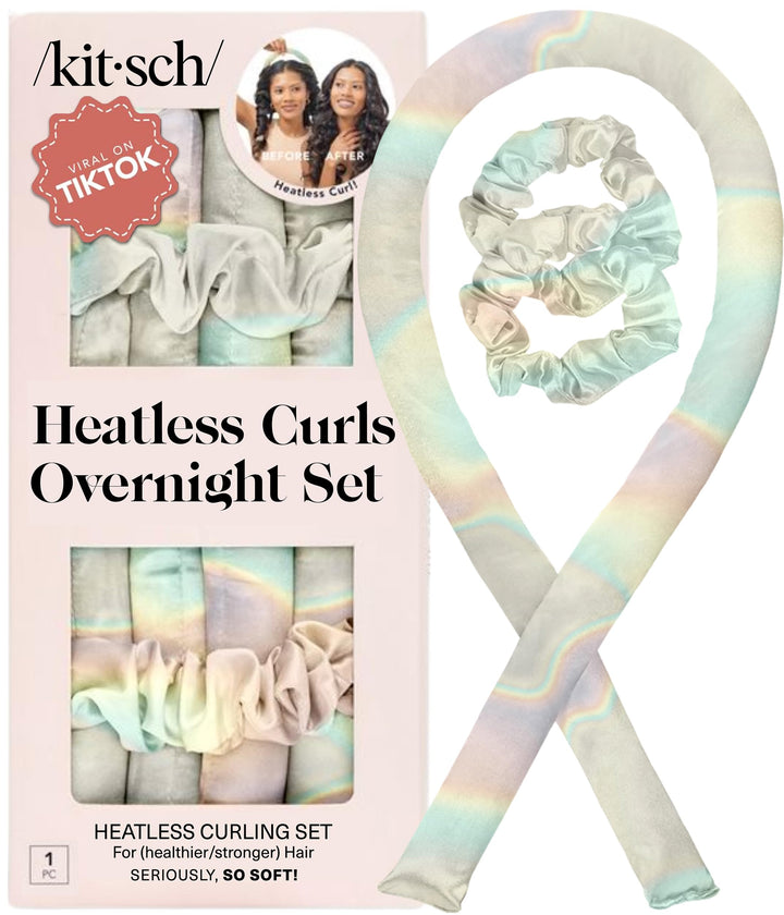 Kitsch front view of satin heatless curler set, shows contents and benefit
