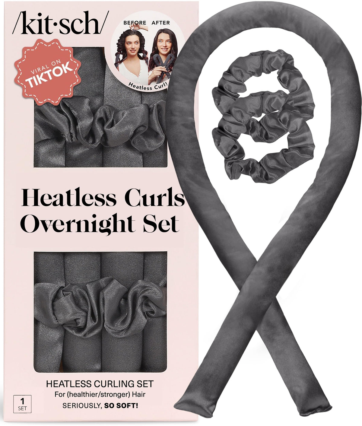 Kitsch front view of the heatless curling set showing contents and packaging benefits