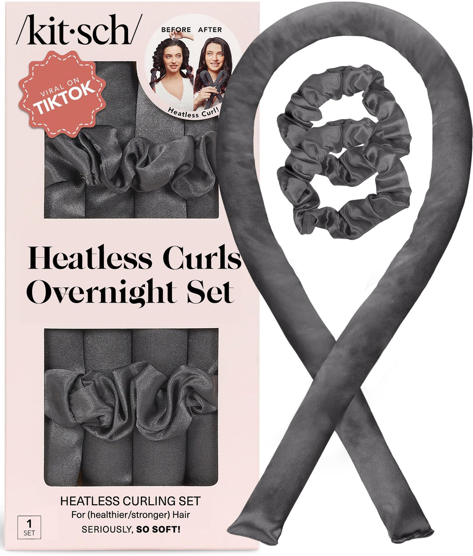 Kitsch front view of the heatless curling set showing contents and packaging benefits