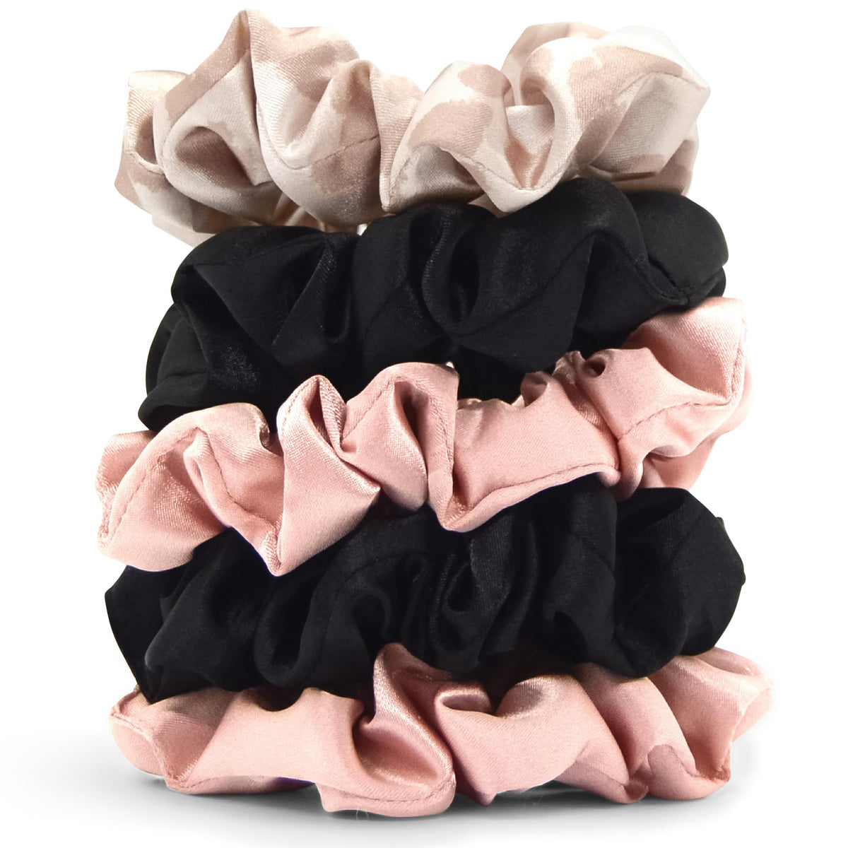 Kitsch satin scrunchies front packaging showing five assorted colors and neat presentation benefit: easy gift-ready set