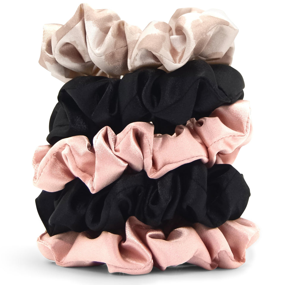 Kitsch satin scrunchies front packaging showing five assorted colors and neat presentation benefit: easy gift-ready set