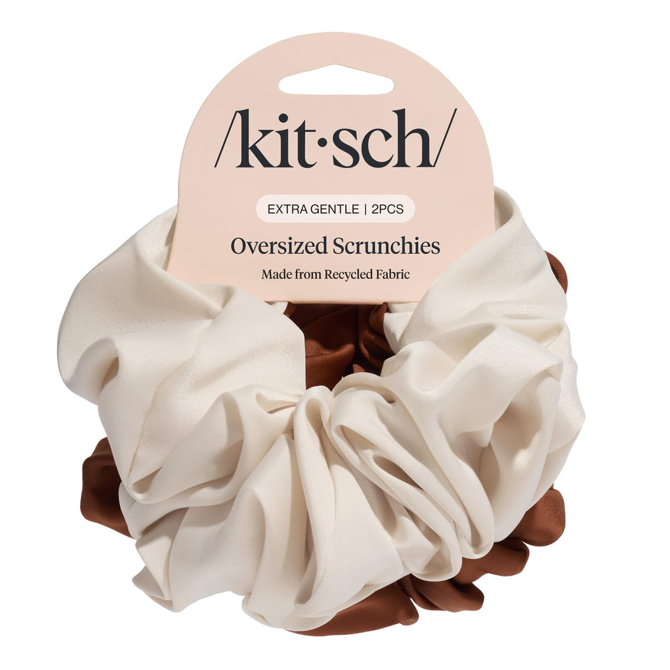 Kitsch front view of camel and cream scrunchies showing elegant packaging and style benefit
