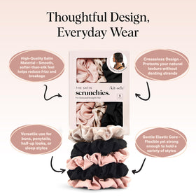 Kitsch satin scrunchies stacked in assorted colors showing variety and coordination options for outfits