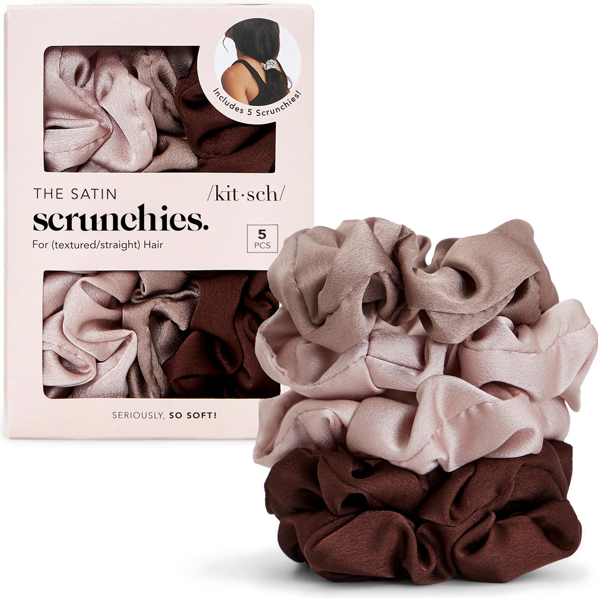 Kitsch scrunchies front packaging showing cameo set and neat presentation benefit