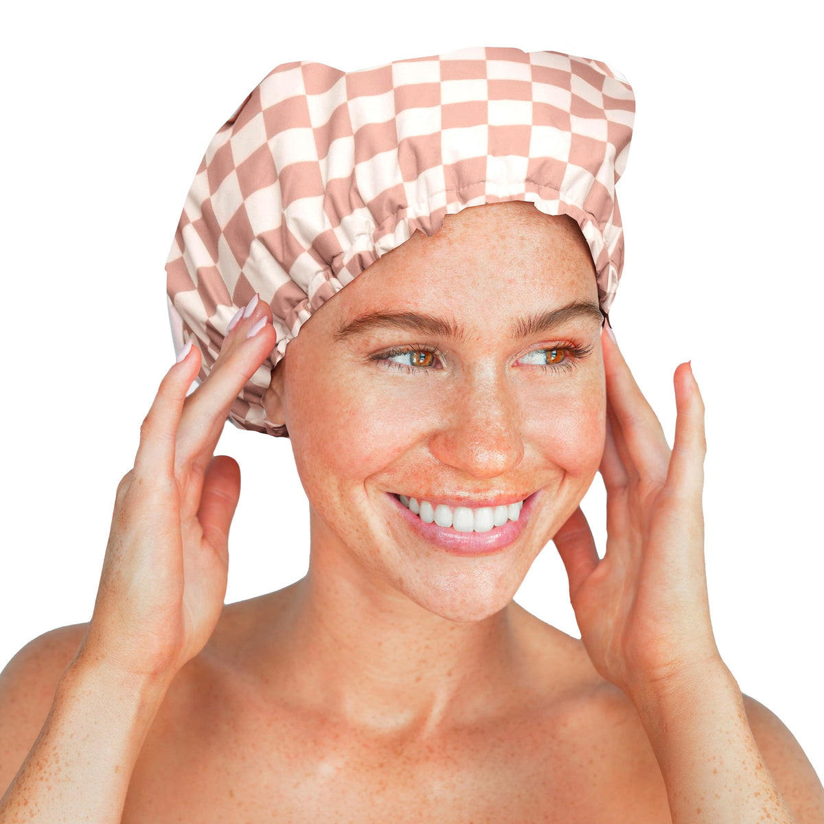 Kitsch shower cap scale comparison with hand showing generous volume