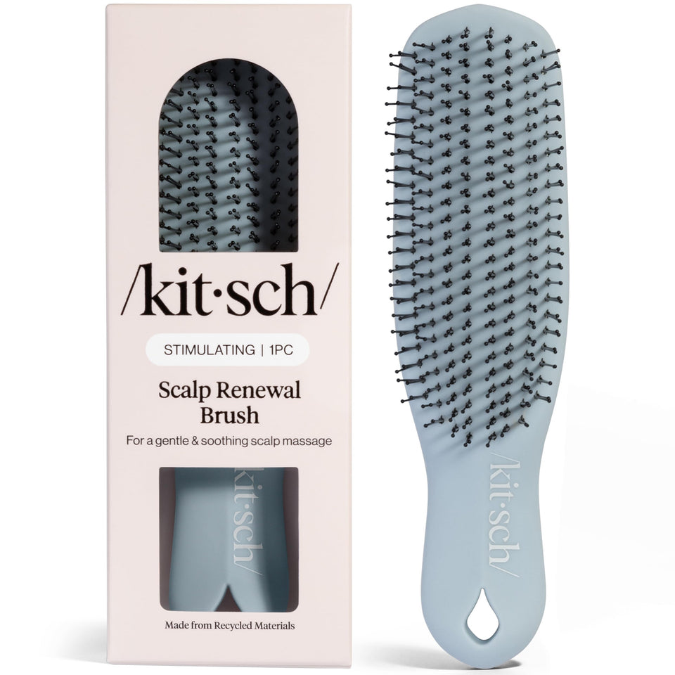 Kitsch front view of brush showing shape and haze blue color for comfortable use