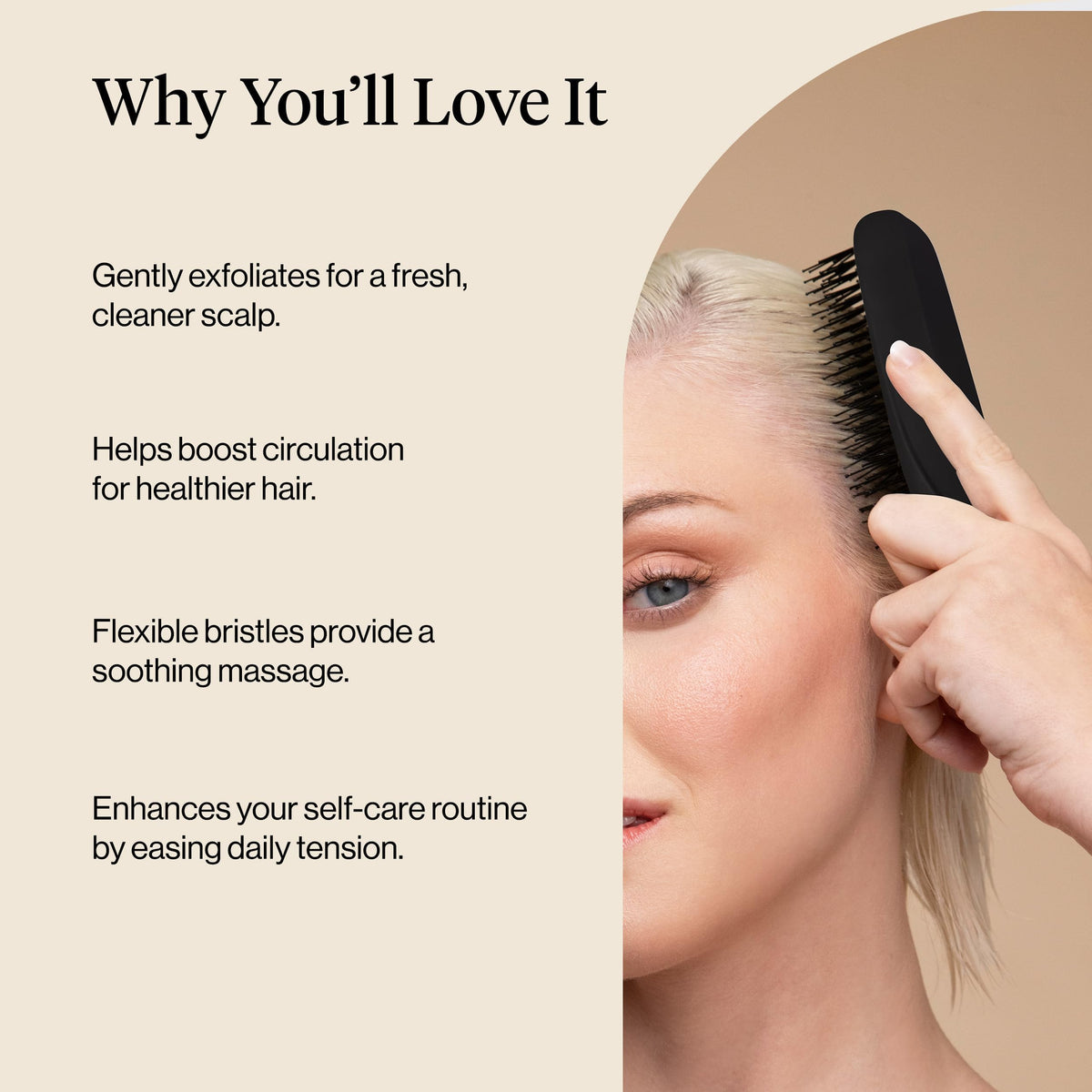 Kitsch brush in shower demonstrating gentle circular scalp massage during cleansing