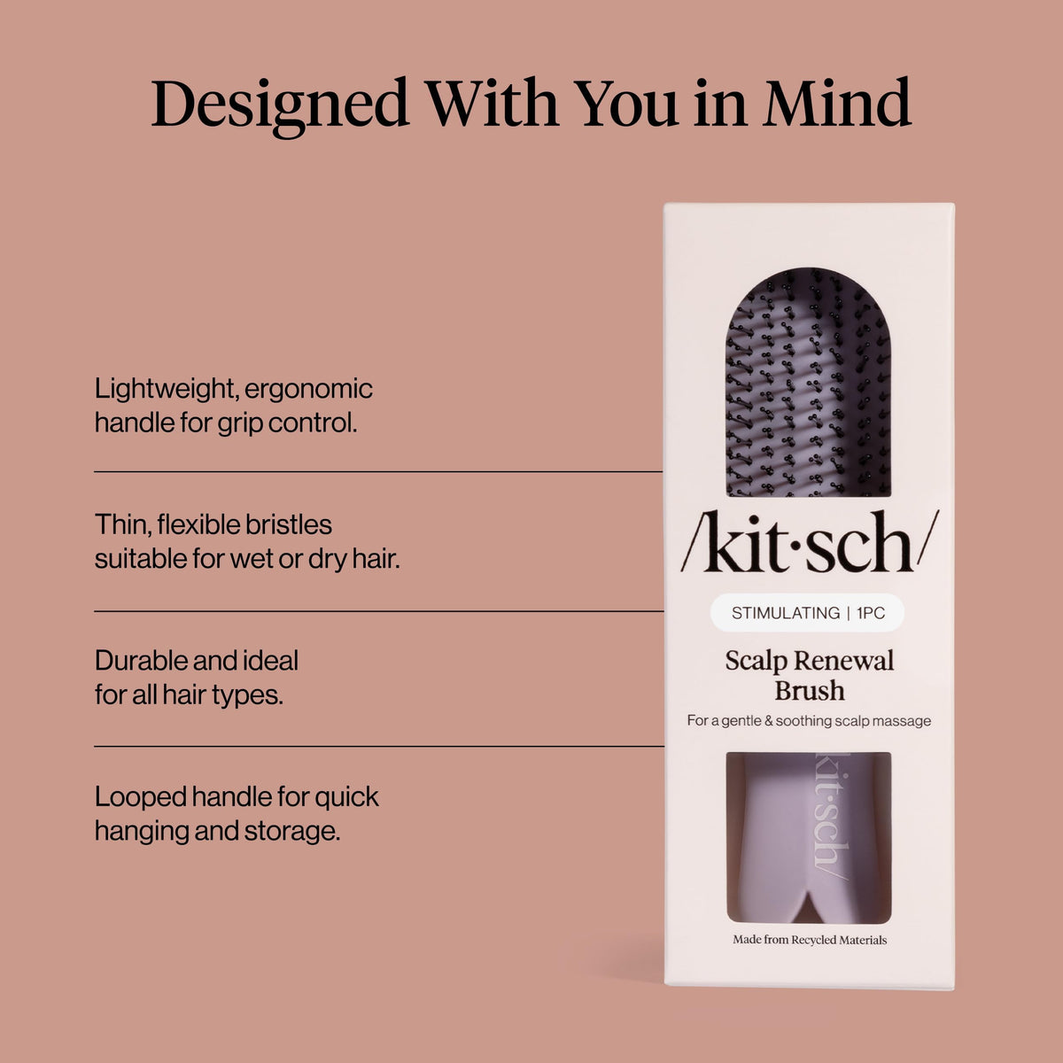 Kitsch brush in shower gently massaging scalp for increased circulation and relaxation