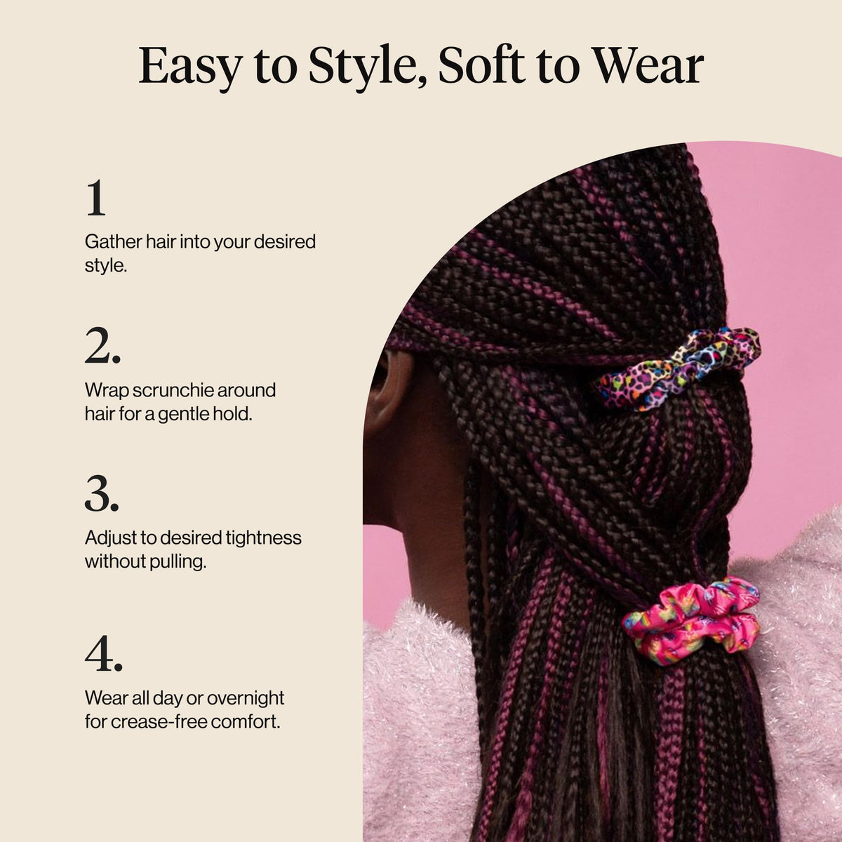 Kitsch scrunchies stacked in flat lay showing color variety and styling options