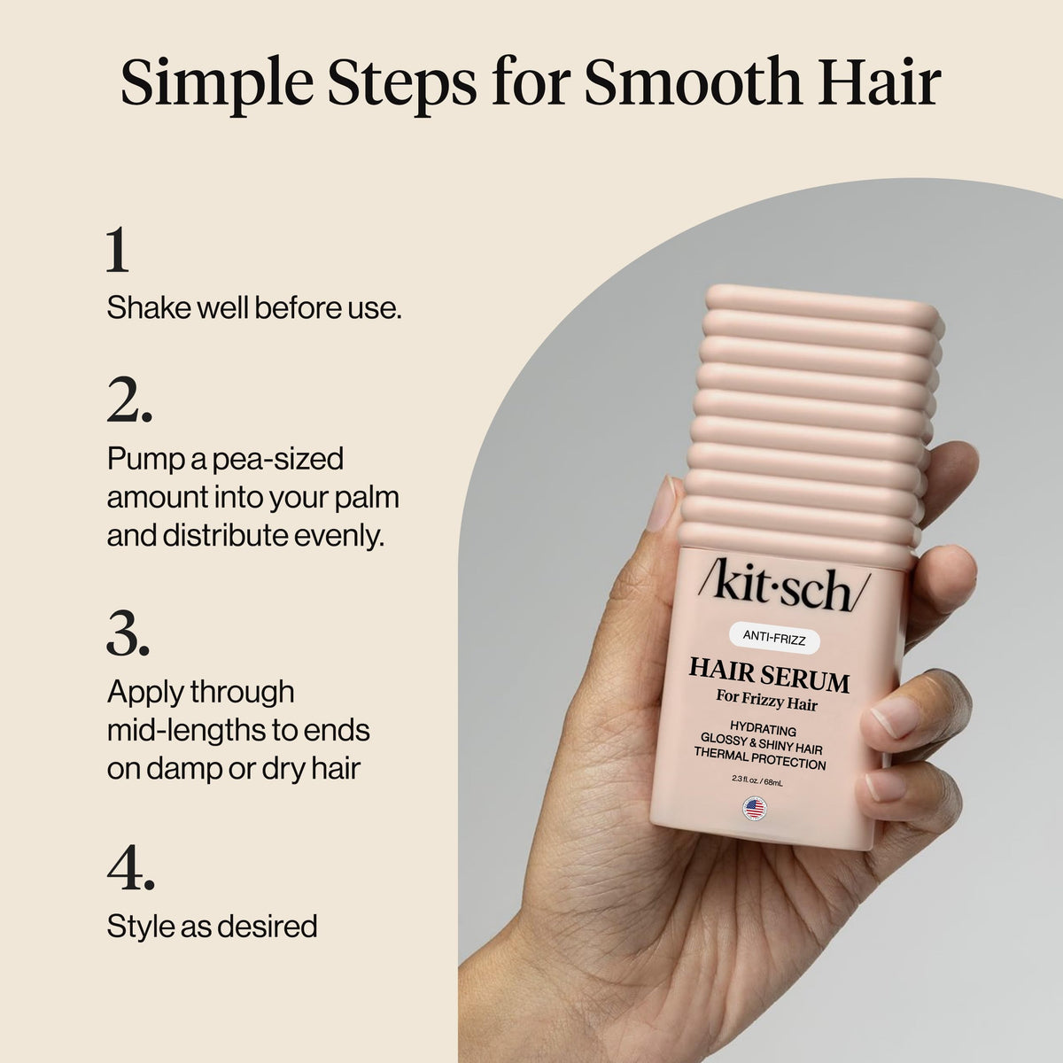 Kitsch serum on curly hair showing glossy defined curls and frizz reduction
