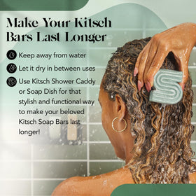 Kitsch shampoo bar beside two empty bottles illustrating bottle replacement