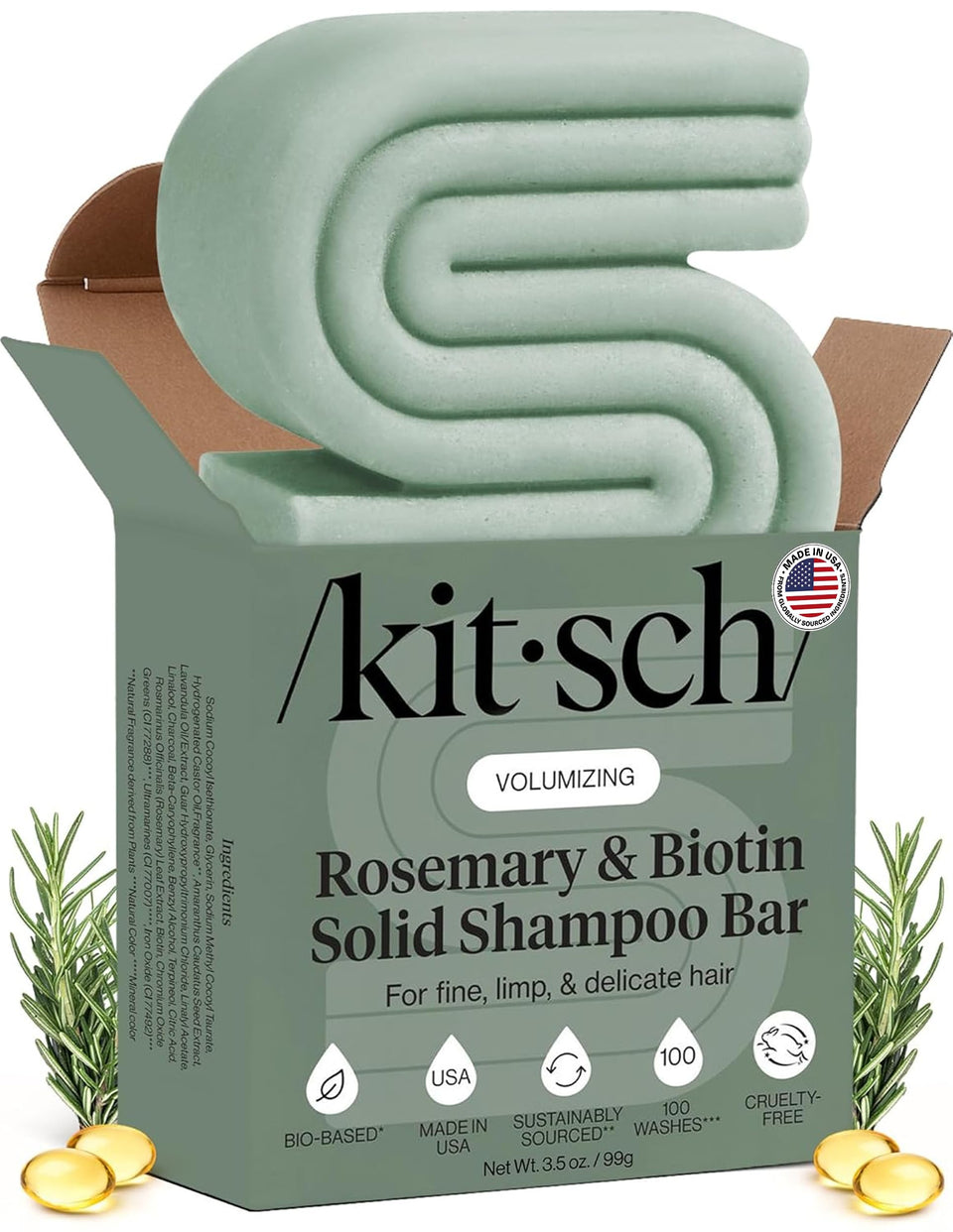 Kitsch shampoo bar front packaging showing product and benefits