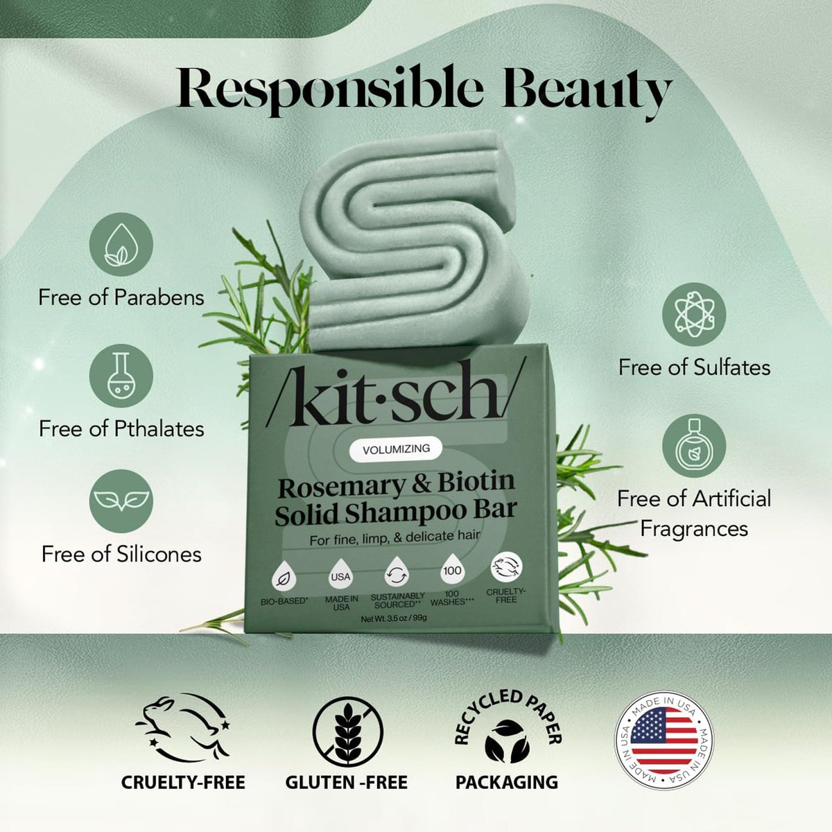 Kitsch shampoo bar in hand demonstrating compact size and portability