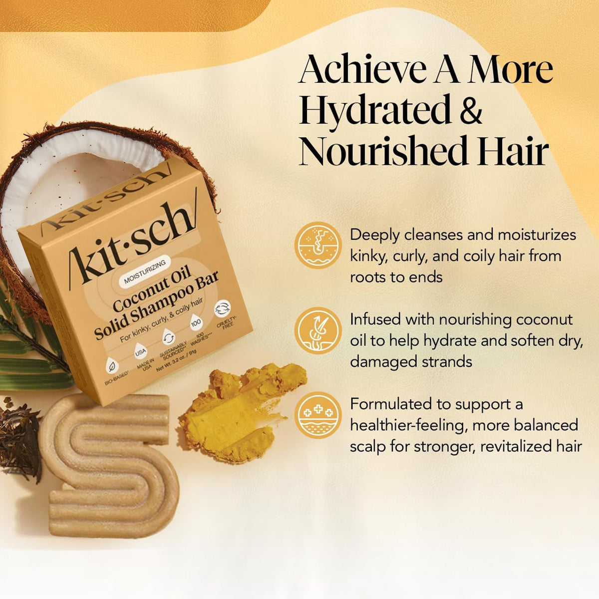 Kitsch shampoo bar close-up texture showing creamy surface and moisturizing benefit