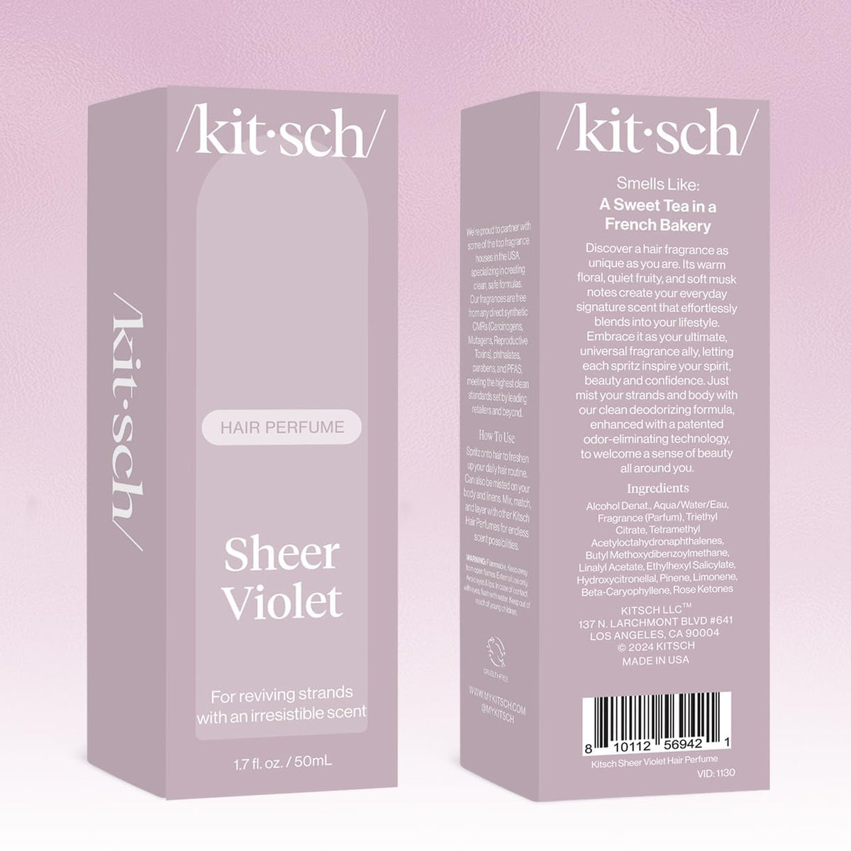 Kitsch back label showing ingredients and clean, conscious formulation benefits
