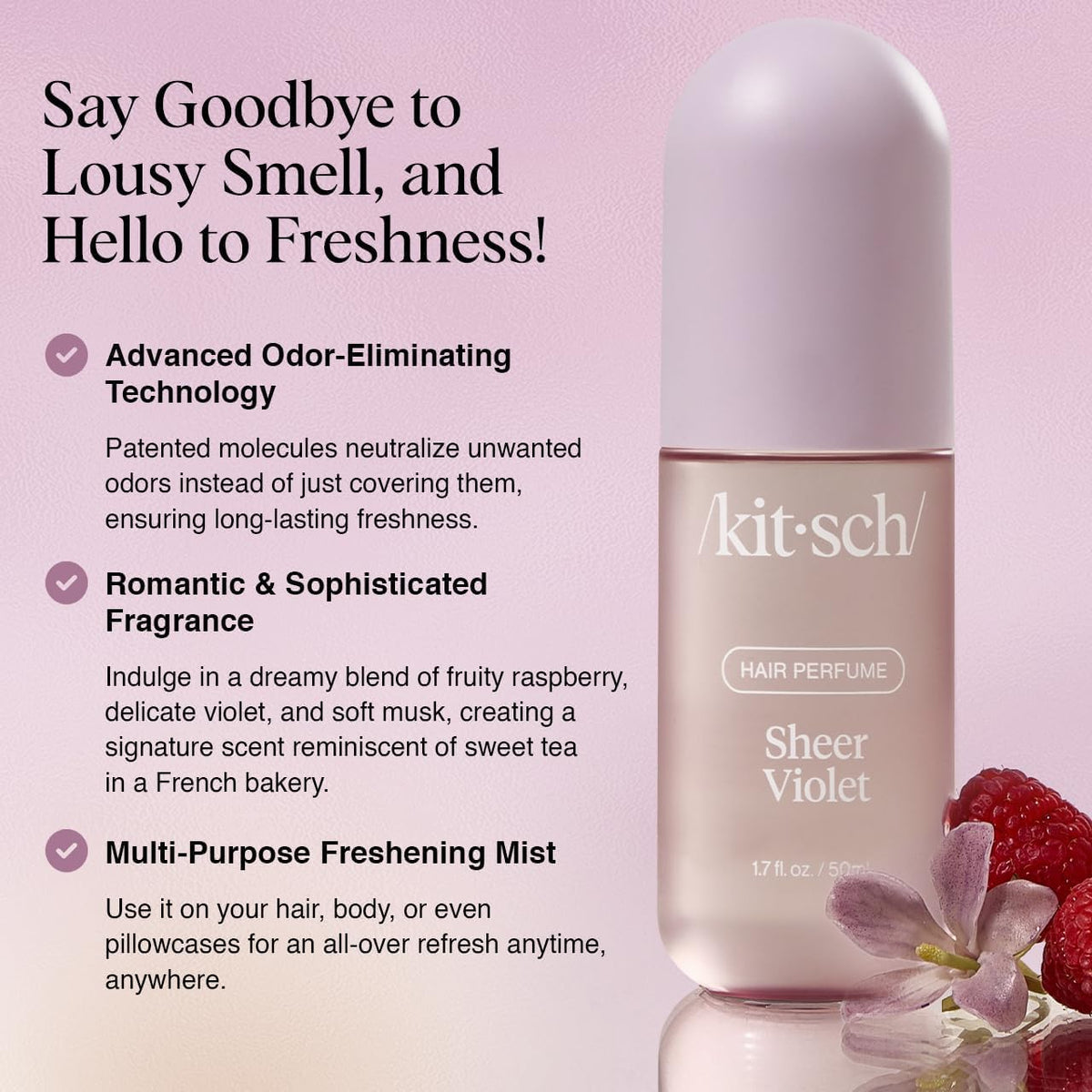 Kitsch close-up of fine mist spray demonstrating quick deodorizing application