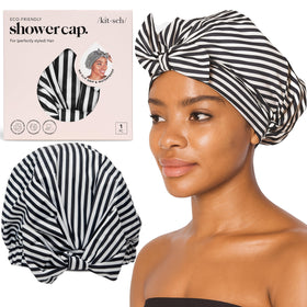 Kitsch shower cap front packaging showing stripe design and luxury look