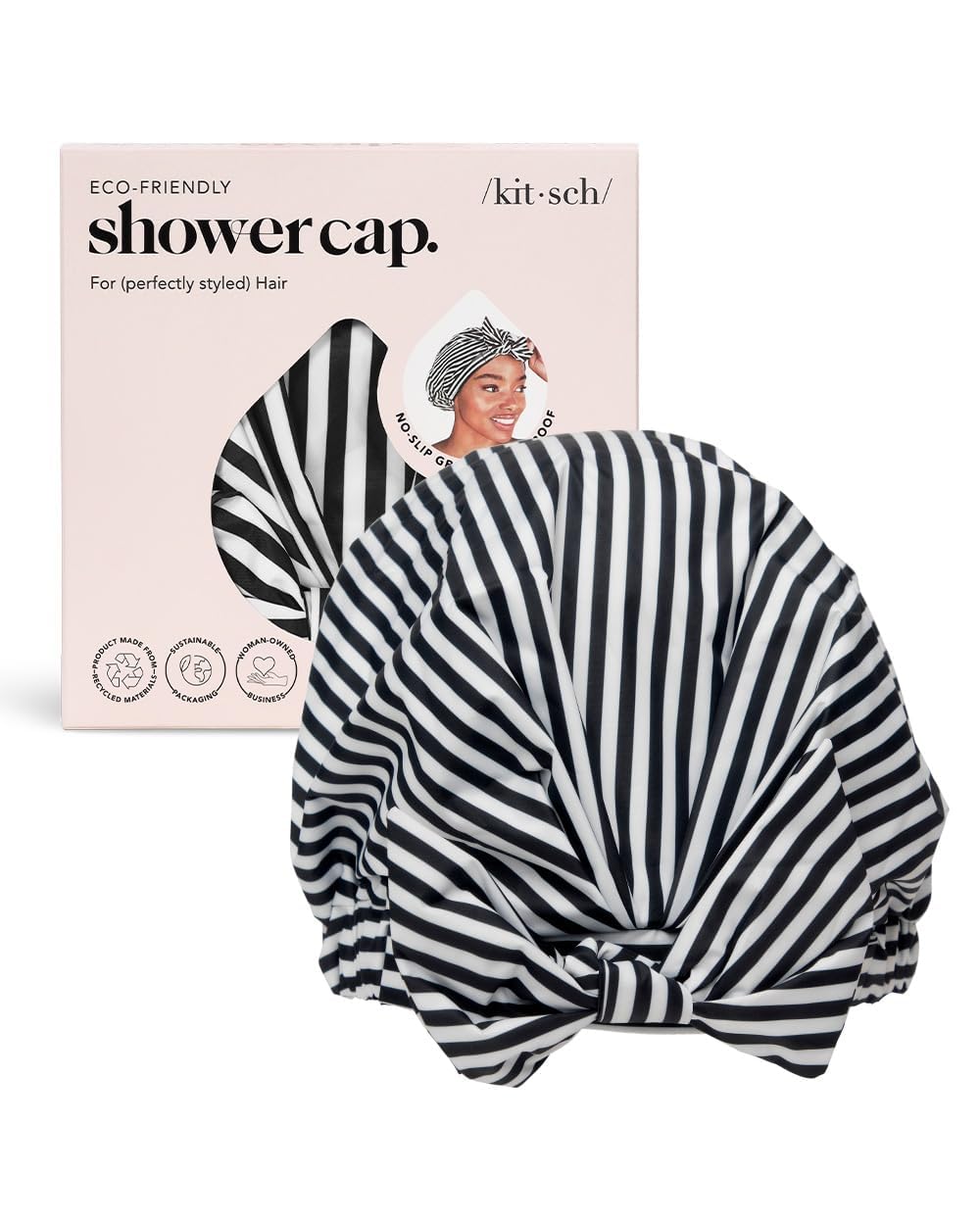 Kitsch shower cap styled in bathroom to show elegant and functional use