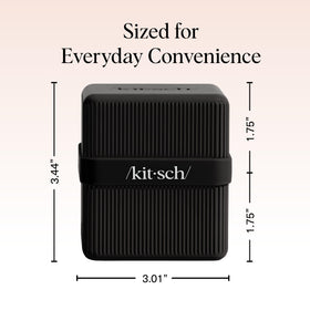 Kitsch size comparison beside a toiletry bag showing compact, space-saving benefit