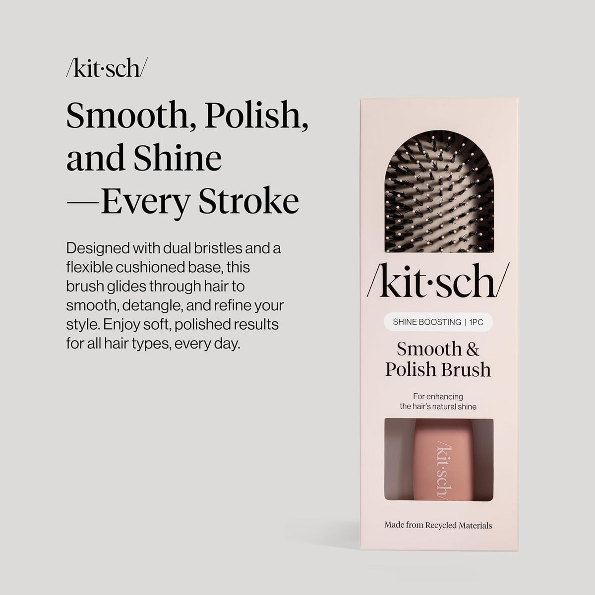 Kitsch close-up dual-bristles highlighting vegan boar and nylon bristles benefit