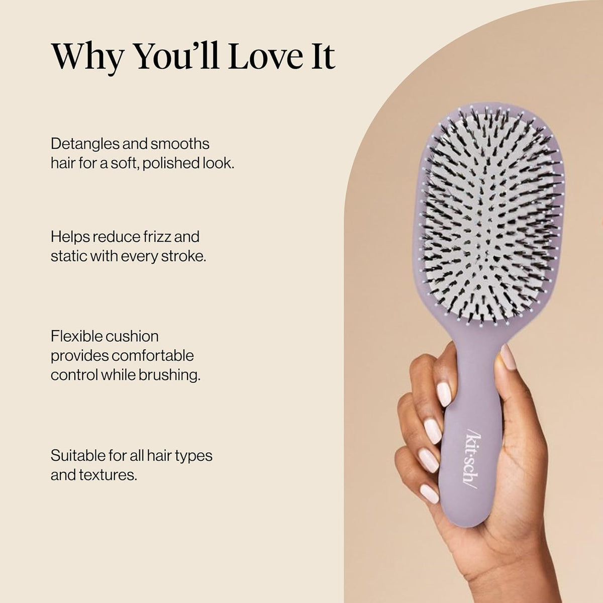 Kitsch brush detangling long hair illustrating reduced breakage and smoother strands
