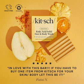 Kitsch ingredient label close-up showing kojic acid and turmeric