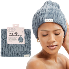 Kitsch spa headband front view showing whole band and secure fit benefit