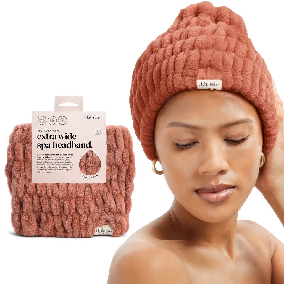 Kitsch spa headband front view shows dusty rose color and soft fit benefit