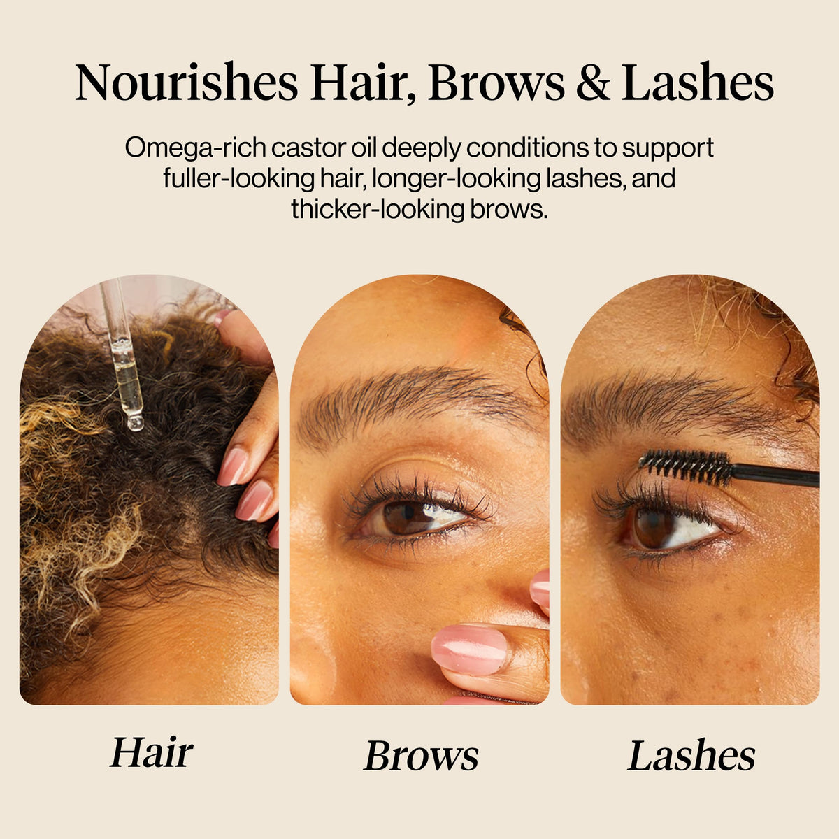 Kitsch spoolie applying castor oil to brows and lashes for conditioning benefit