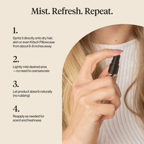 Kitsch mist being sprayed into hair demonstrating quick refresh and odor elimination