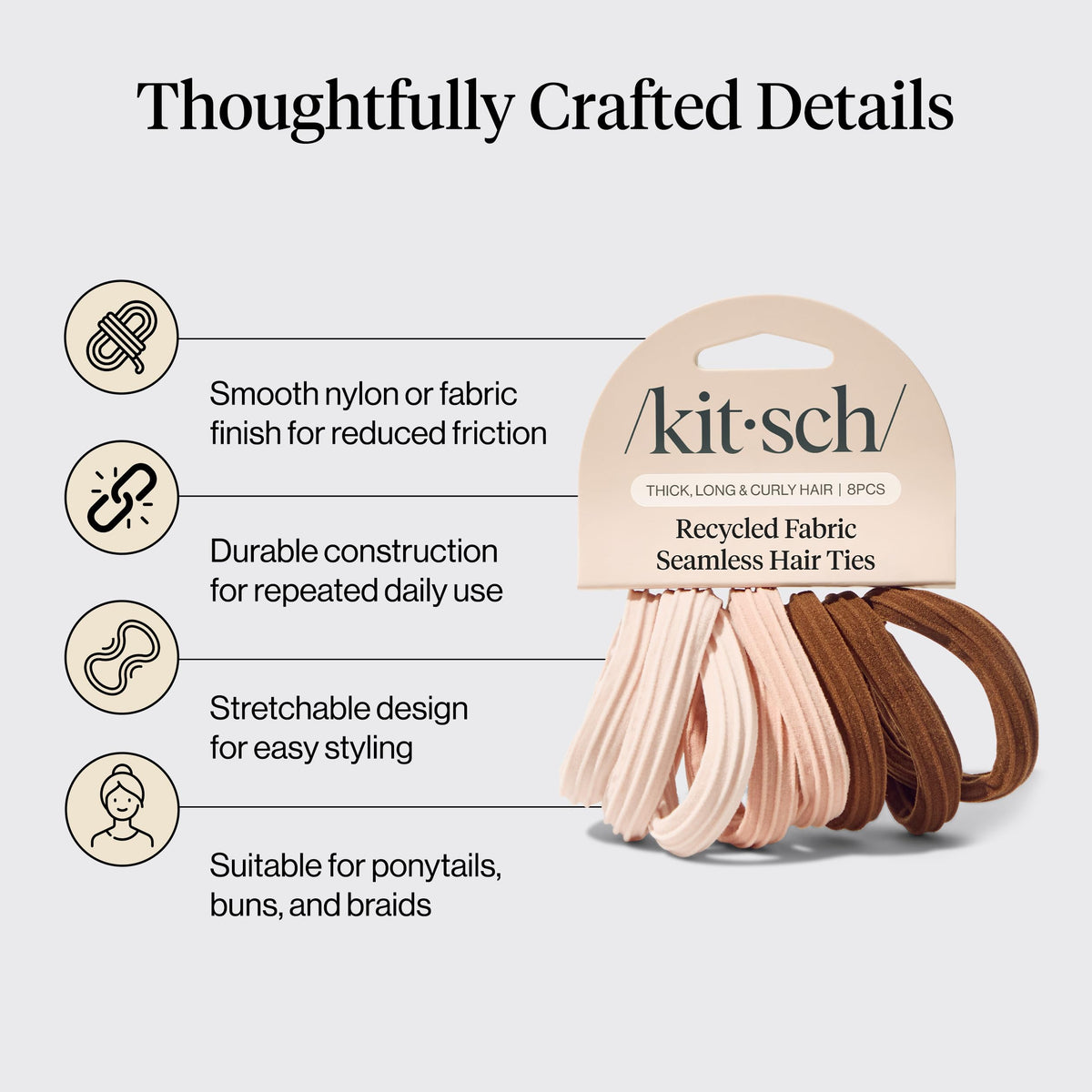 Kitsch hair ties stacked on wrist showing portable scale and convenience