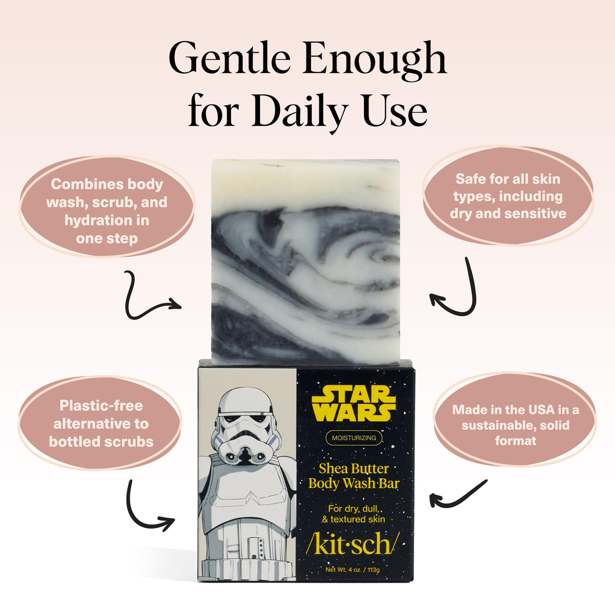 Kitsch Stormtrooper lather in shower producing creamy foam that cleanses without drying