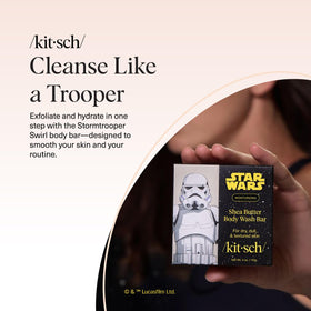 Kitsch Stormtrooper lifestyle bathroom scene conveying spa-like moisturizing shower experience