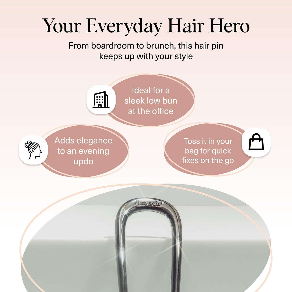 Kitsch hair pin styled in curly hair to show no-snag secure updo benefit
