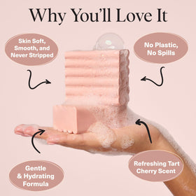 Kitsch soap in hand to show 4oz size and travel-friendly convenience