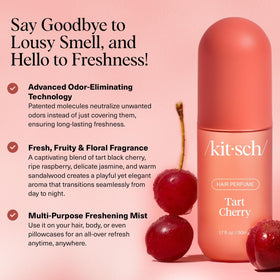 Kitsch mist spraying into hair for quick odor-neutralizing refresh benefit